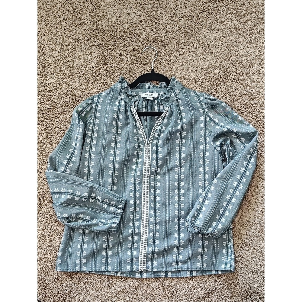 Nine West Teal Green Floral Stripe Ruffle Neck Blouse Medium
